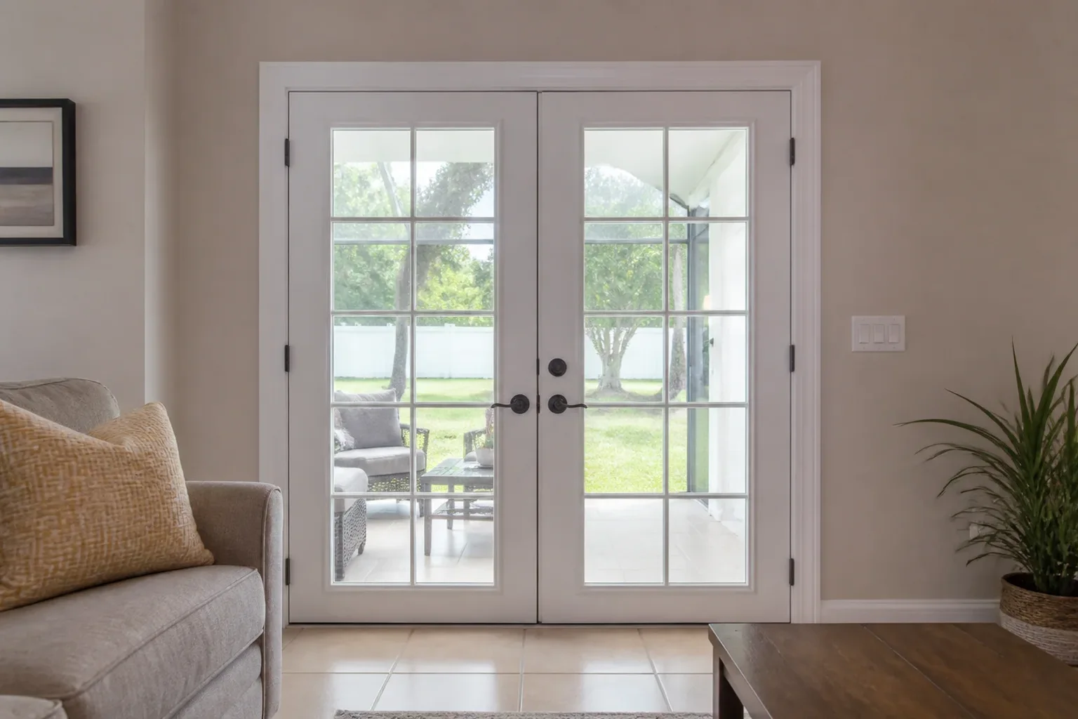 A white French door pair with colonial grids seen from a family room, looking through to a screened lanai with outdoor furniture and a lawn beyond