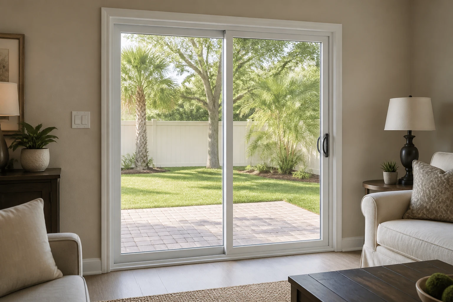 A white two-panel sliding glass door seen from a living room, opening onto a paver patio with a palm and lawn beyond